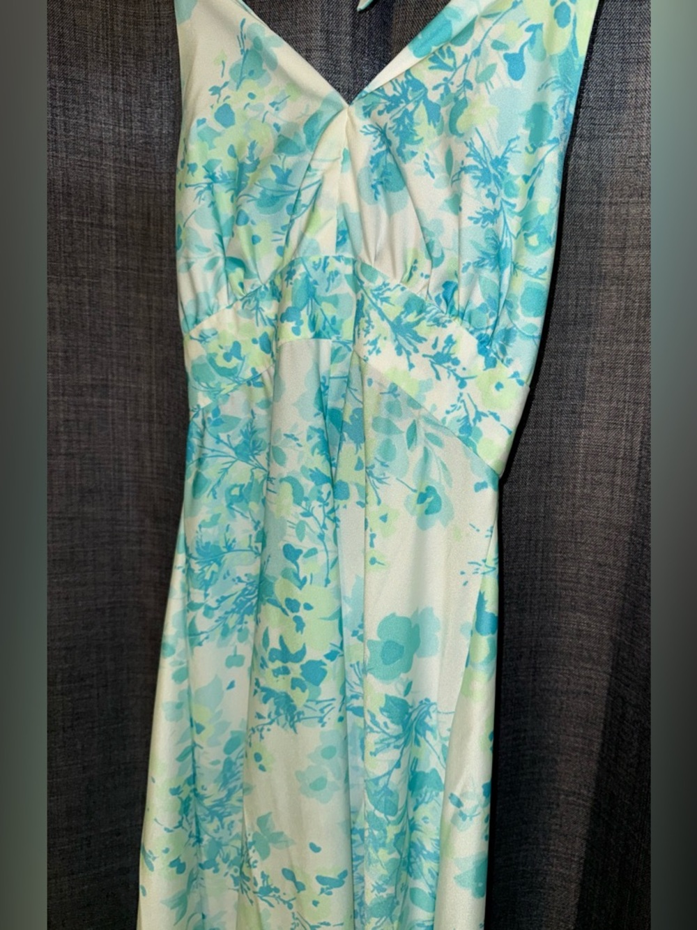 VTG 70's Halter Maxi Dress Women's XS SM Blue Green Floral Rayon Silky Summer